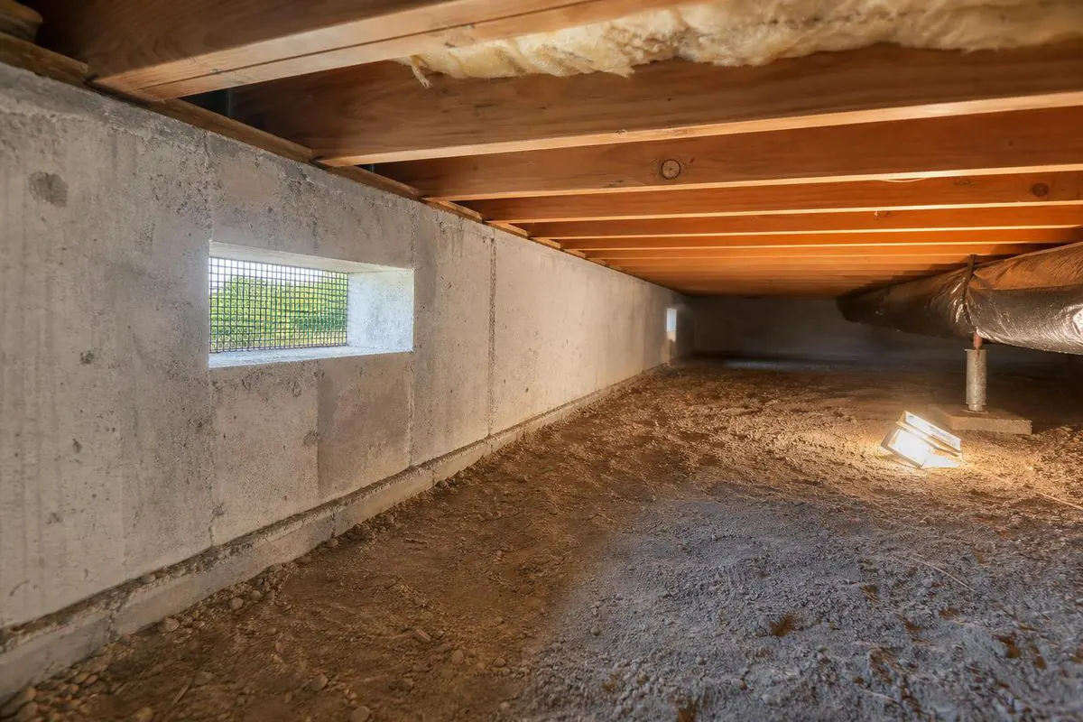 A crawlspace with a soil floor, concrete stem wall and a foundation vent