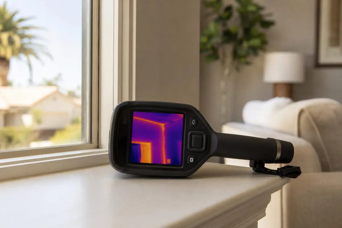 A handheld thermal camera showing a false-colour heat image of an interior wall